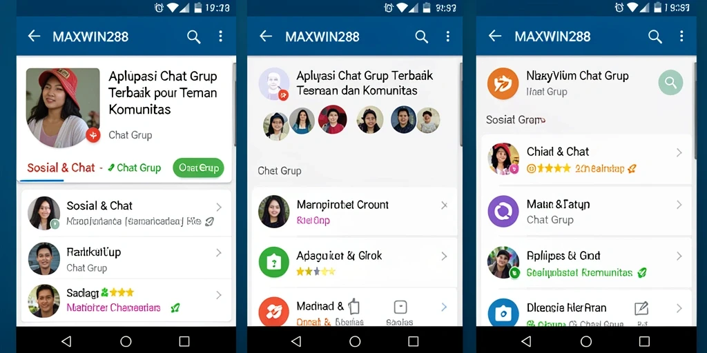 Antarmuka pengguna MAXWIN288 dengan grup chat yang interaktif.