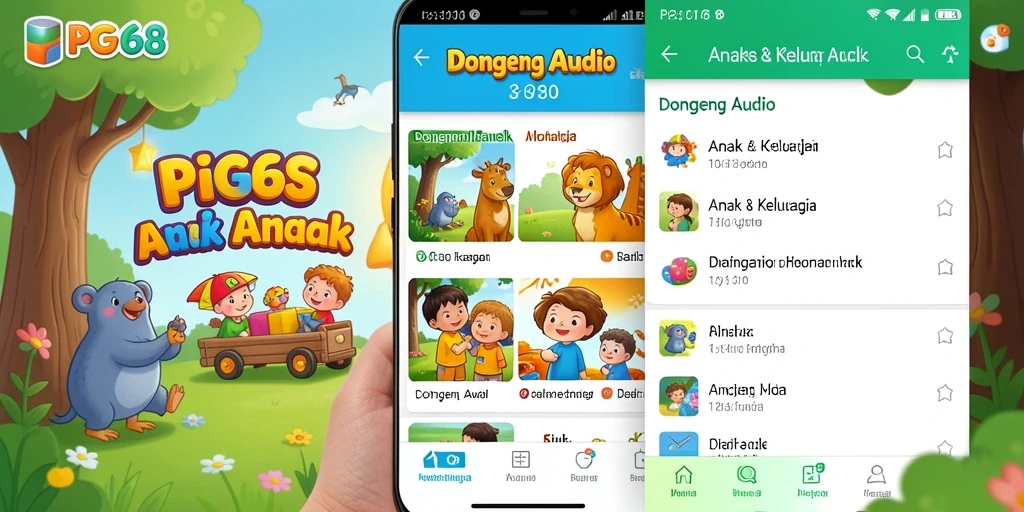 Tampilan antarmuka PGG68 dengan daftar dongeng audio yang menarik.